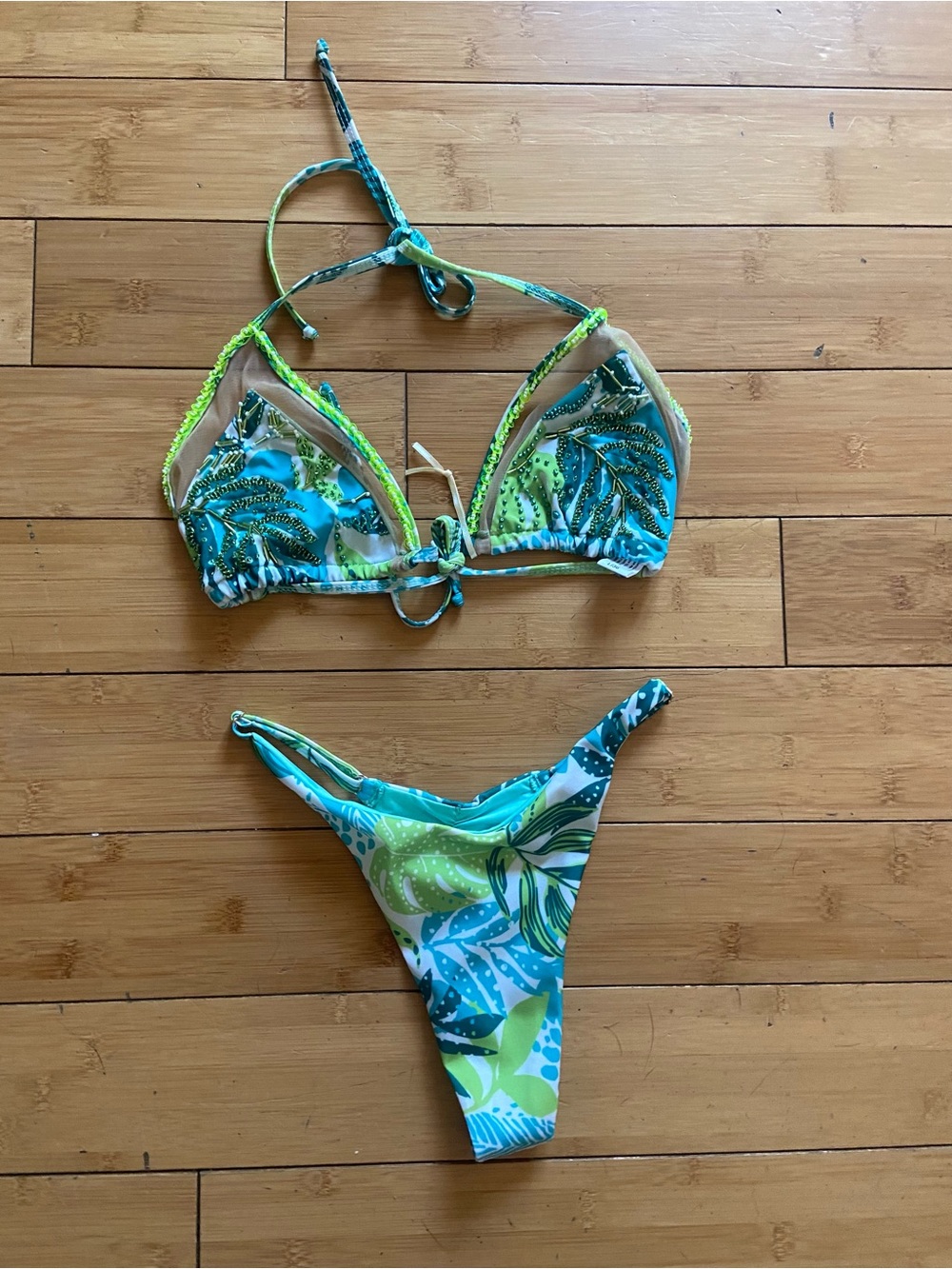 Green & Blue Tropical Print Triangle Bikini Set